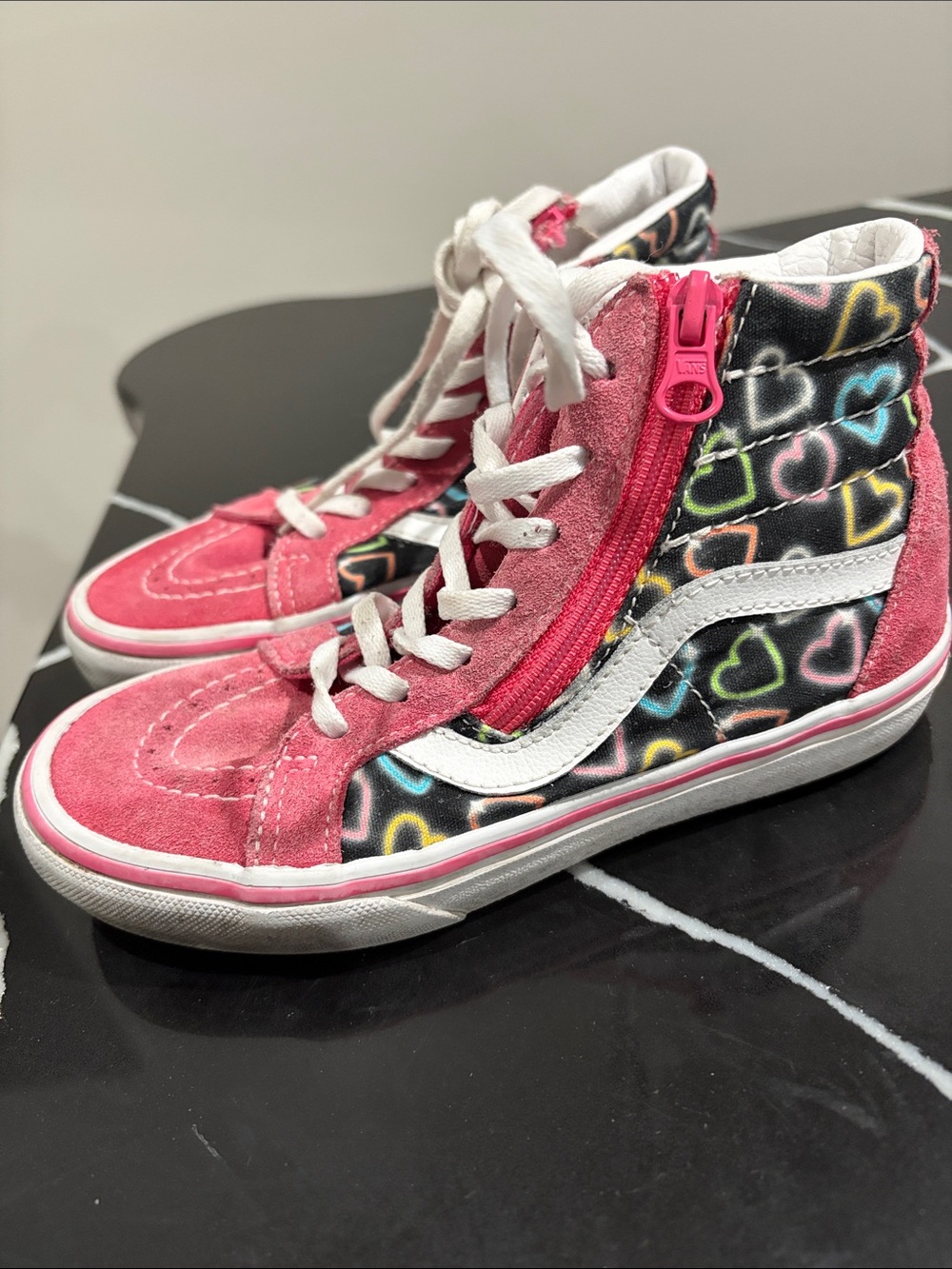 Vans Pink Suede High-Top Sneakers with Multicolor Heart Print